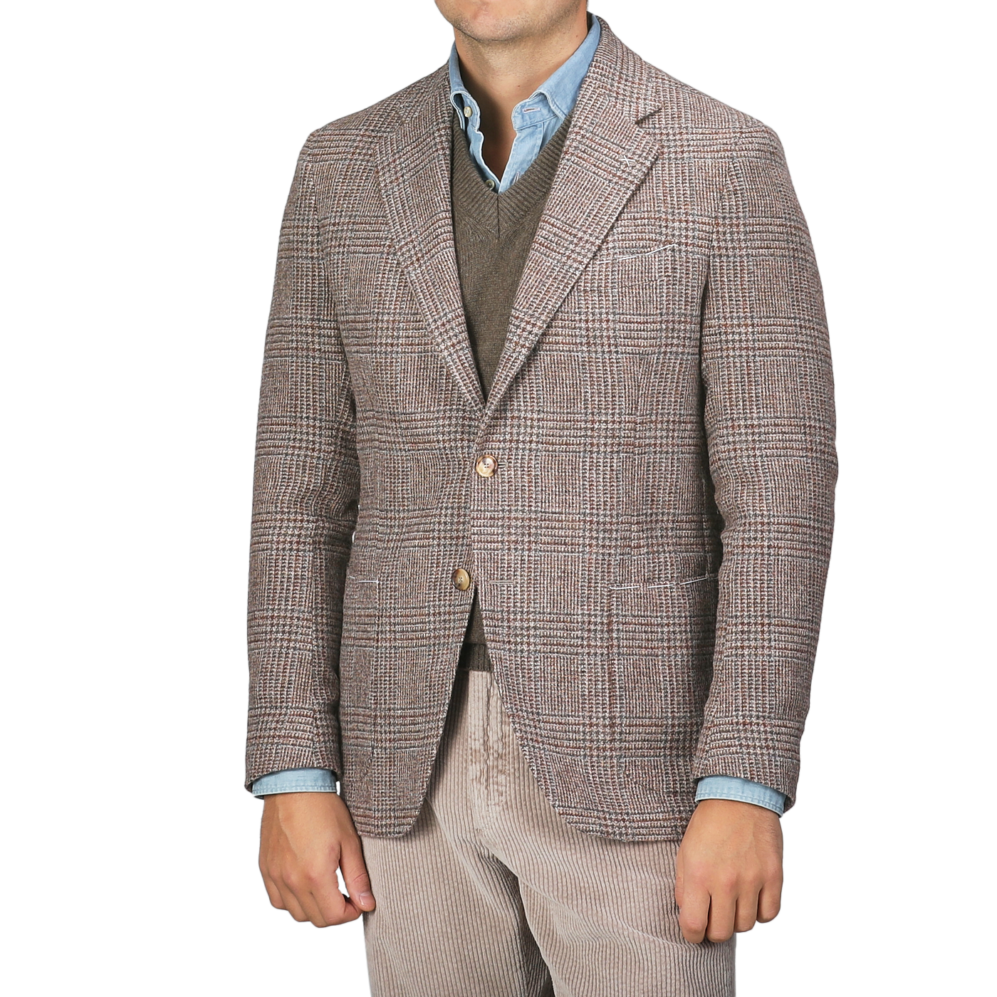 A man is sporting the Brown Checked Wool Tweed Posillipo Blazer by De Petrillo over a brown sweater and a blue button-up shirt, paired with light-colored corduroy pants.