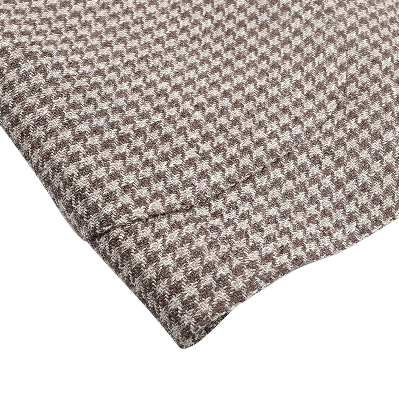 A meticulously folded Brown Houndstooth Wool Linen Posillipo Blazer by De Petrillo is showcased, highlighting the impeccable artistry of fine tailoring.