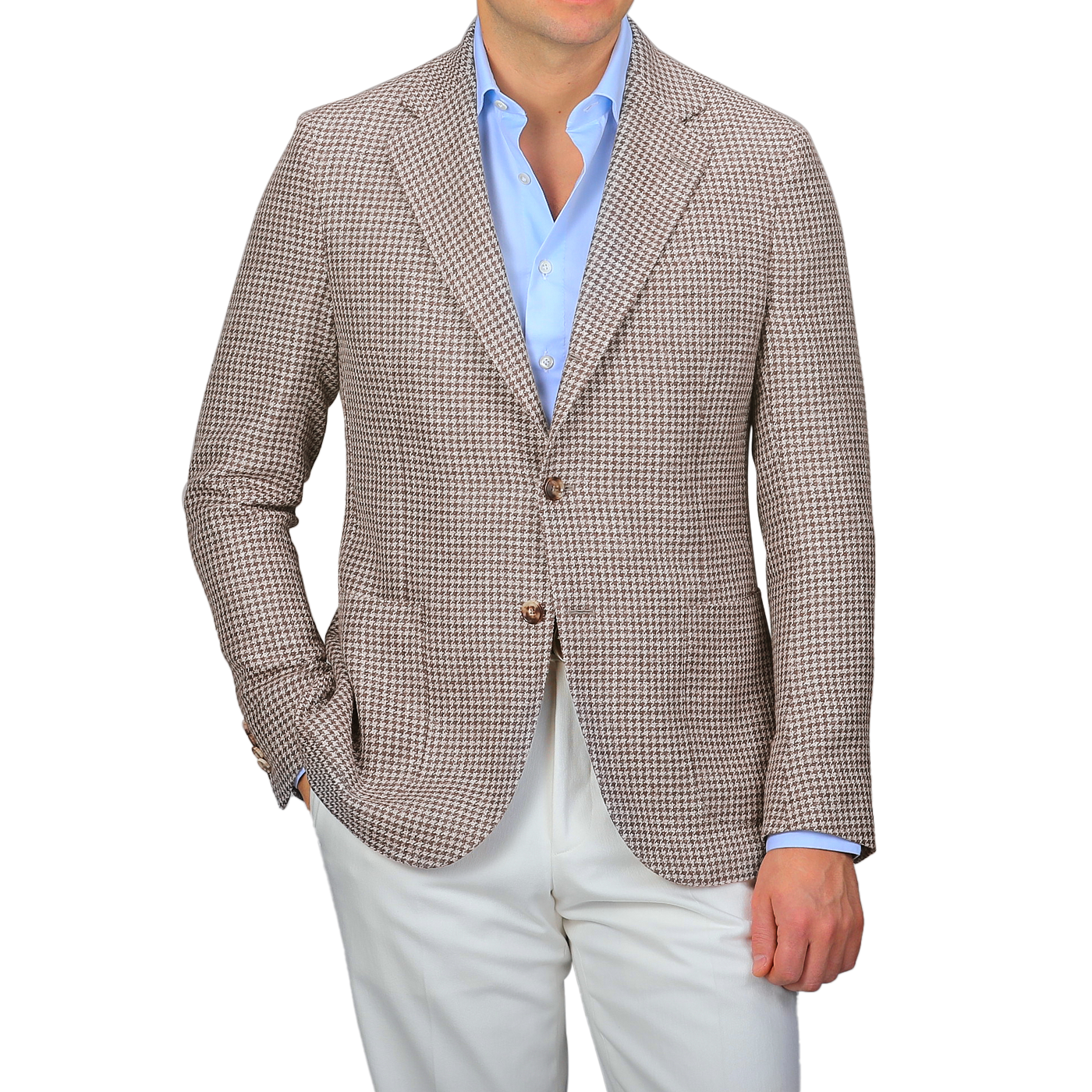 A person wears a De Petrillo Brown Houndstooth Wool Linen Posillipo Blazer over a light blue shirt, paired with white pants.