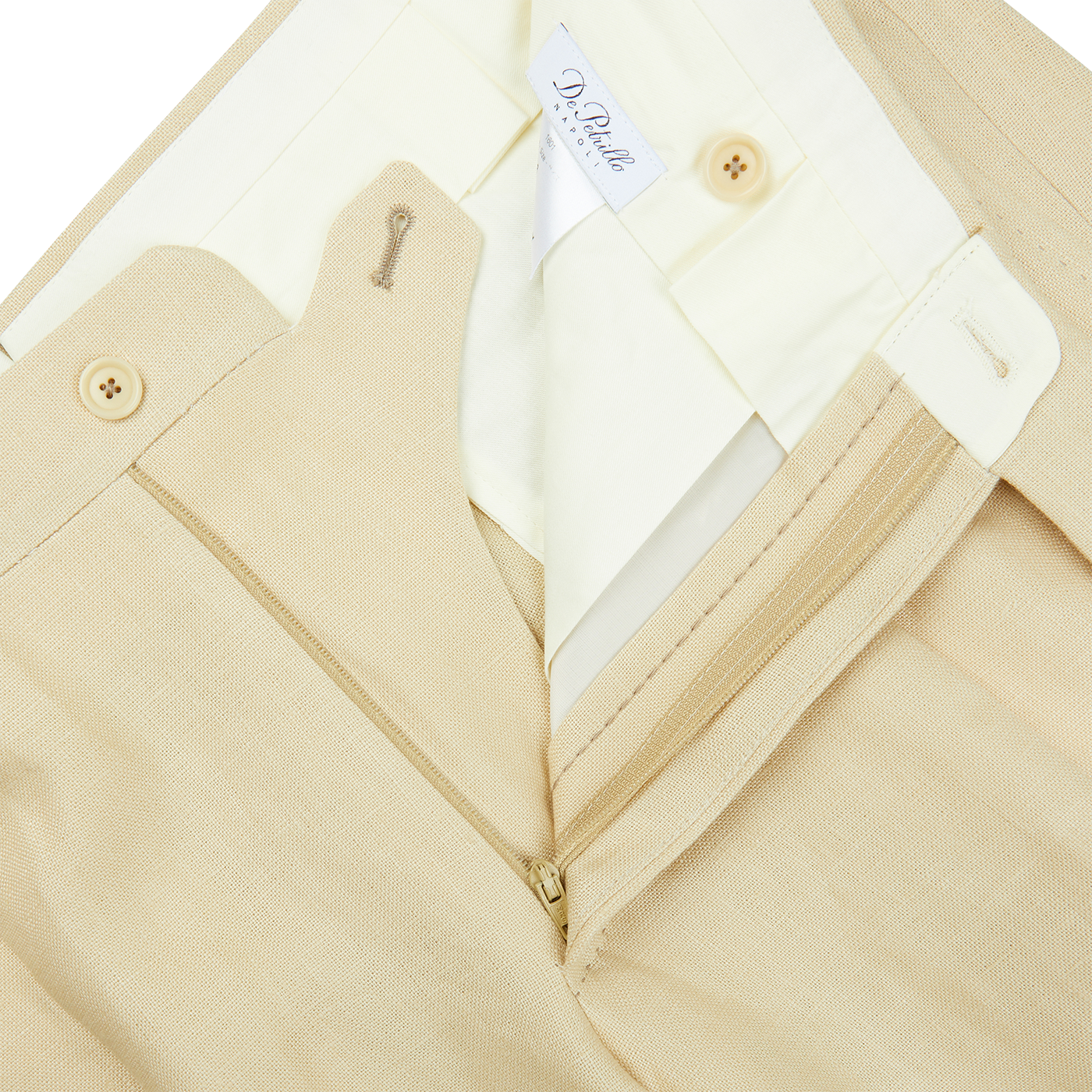 A pair of Caramel Beige Irish Linen Modello B trousers with a zipper by De Petrillo.