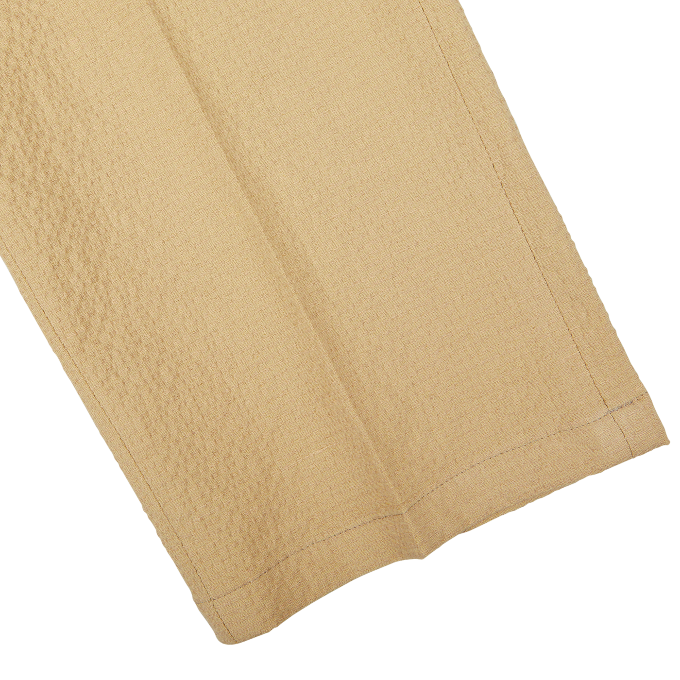 Caramel Cotton Linen Seersucker Drawstring Trousers by De Petrillo on a white surface.