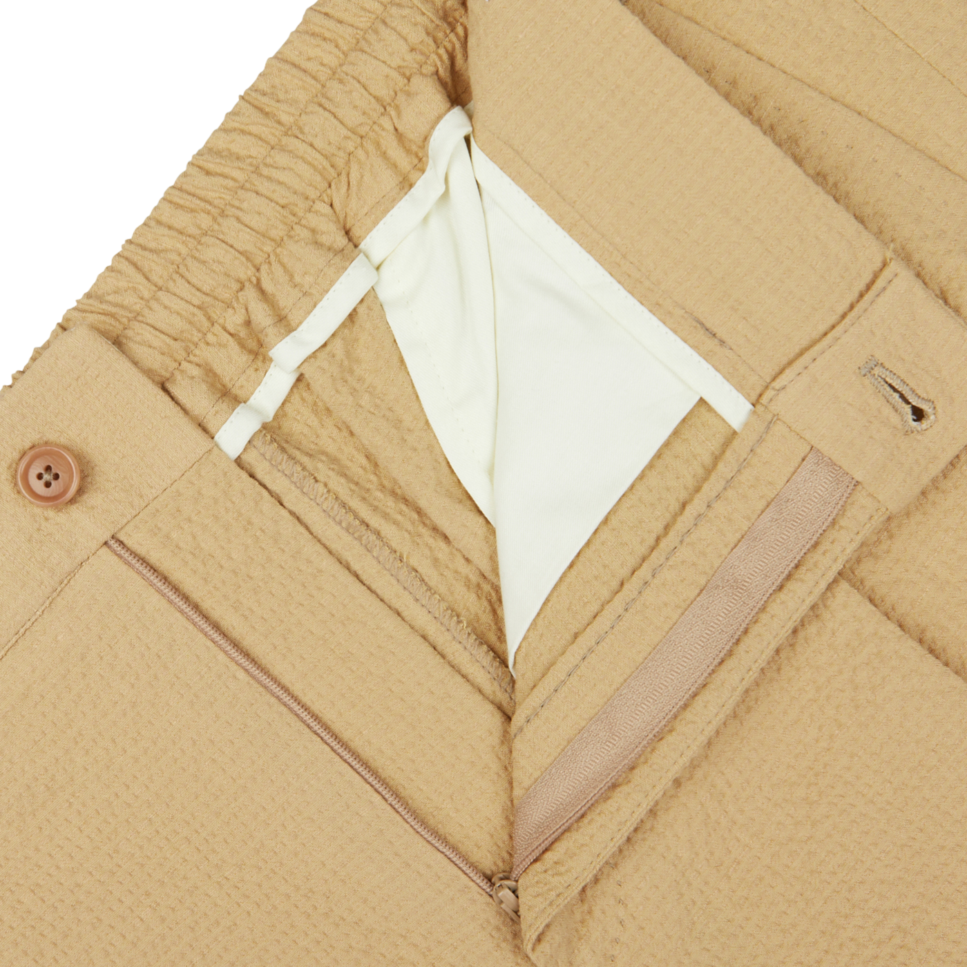 Close-up of a De Petrillo caramel beige casual jacket with a white shirt collar detail.