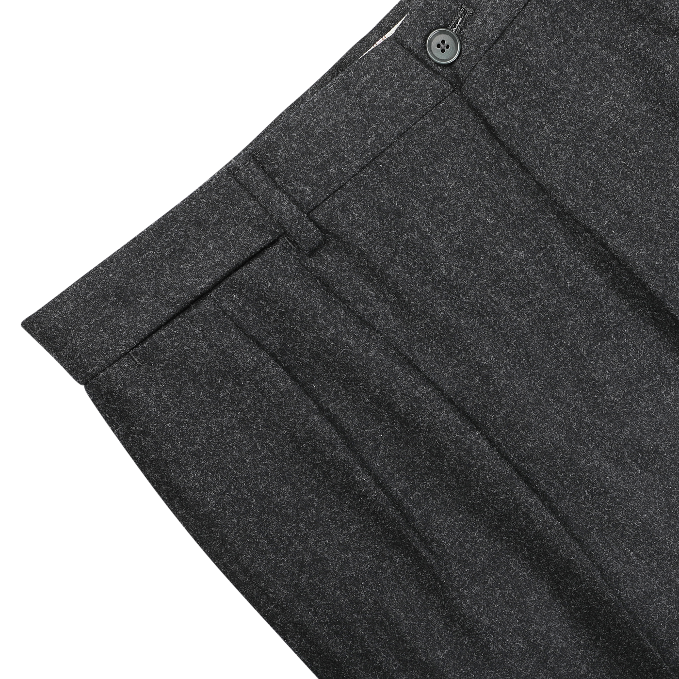 De Petrillo's Charcoal Grey Wool Flannel Modello E Trousers, featuring pleats and a button closure, are showcased from above on a white background.