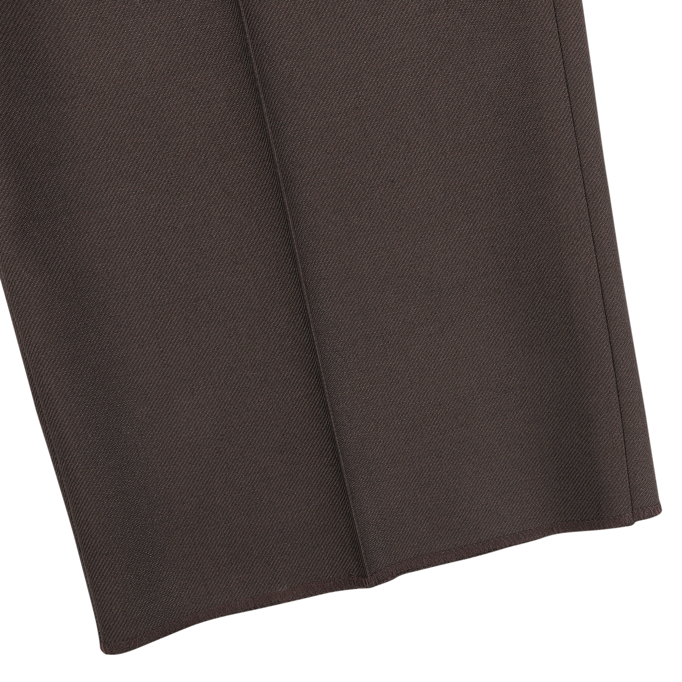 Close-up of the Dark Brown Wool Twill Modello E Trousers by De Petrillo, highlighting the texture and color detail with a vertical seam, characteristic of their expertly crafted garments.