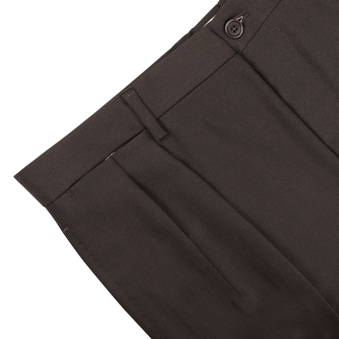 Close-up of De Petrillo's Dark Brown Wool Twill Modello E Trousers, featuring an elegantly crafted waistband with button and pleats, made from luxurious wool gabardine twill.