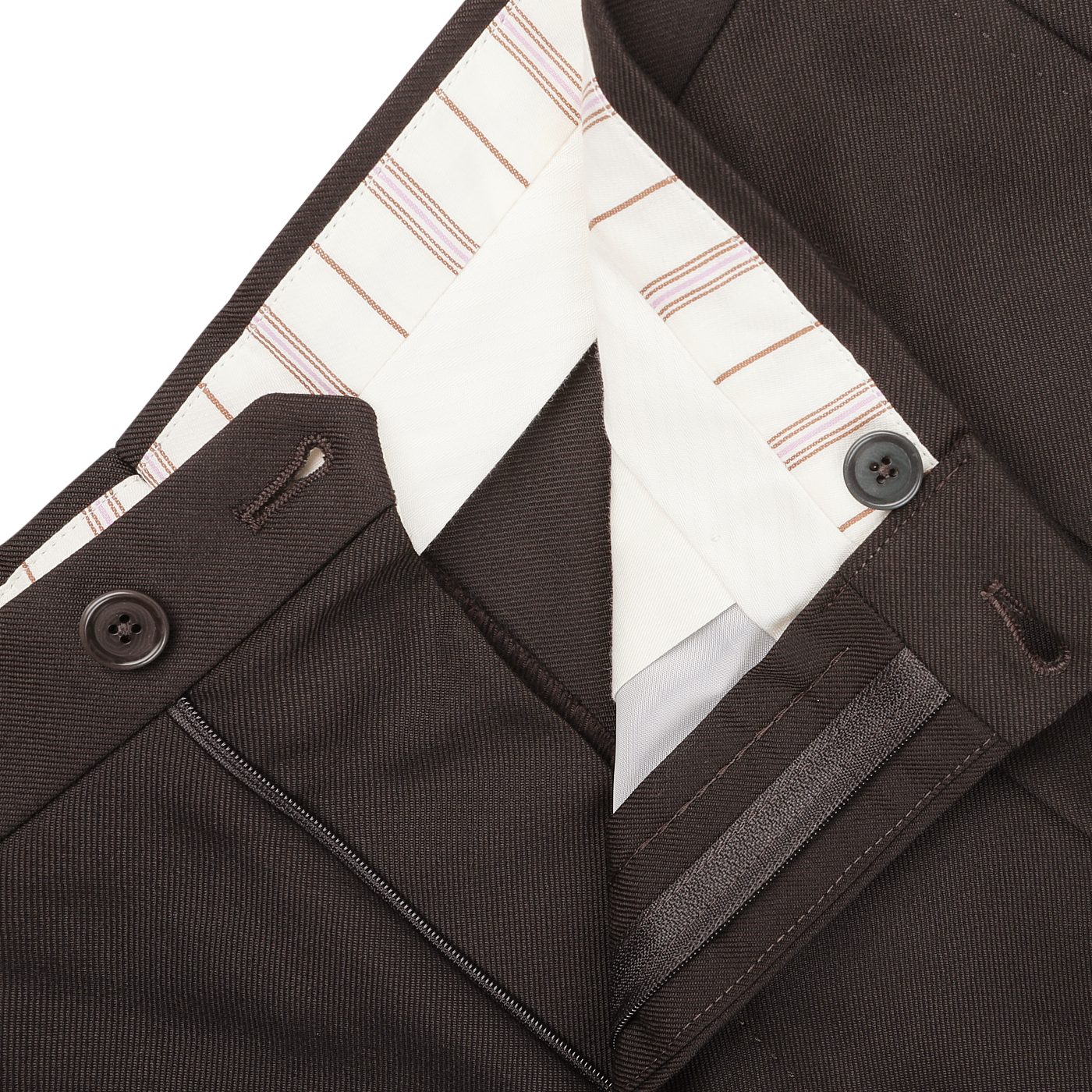 Close-up of De Petrillo's Dark Brown Wool Twill Modello E Trousers highlighting the waistband, inner lining with a striped pattern, and two visible buttons near the fly.