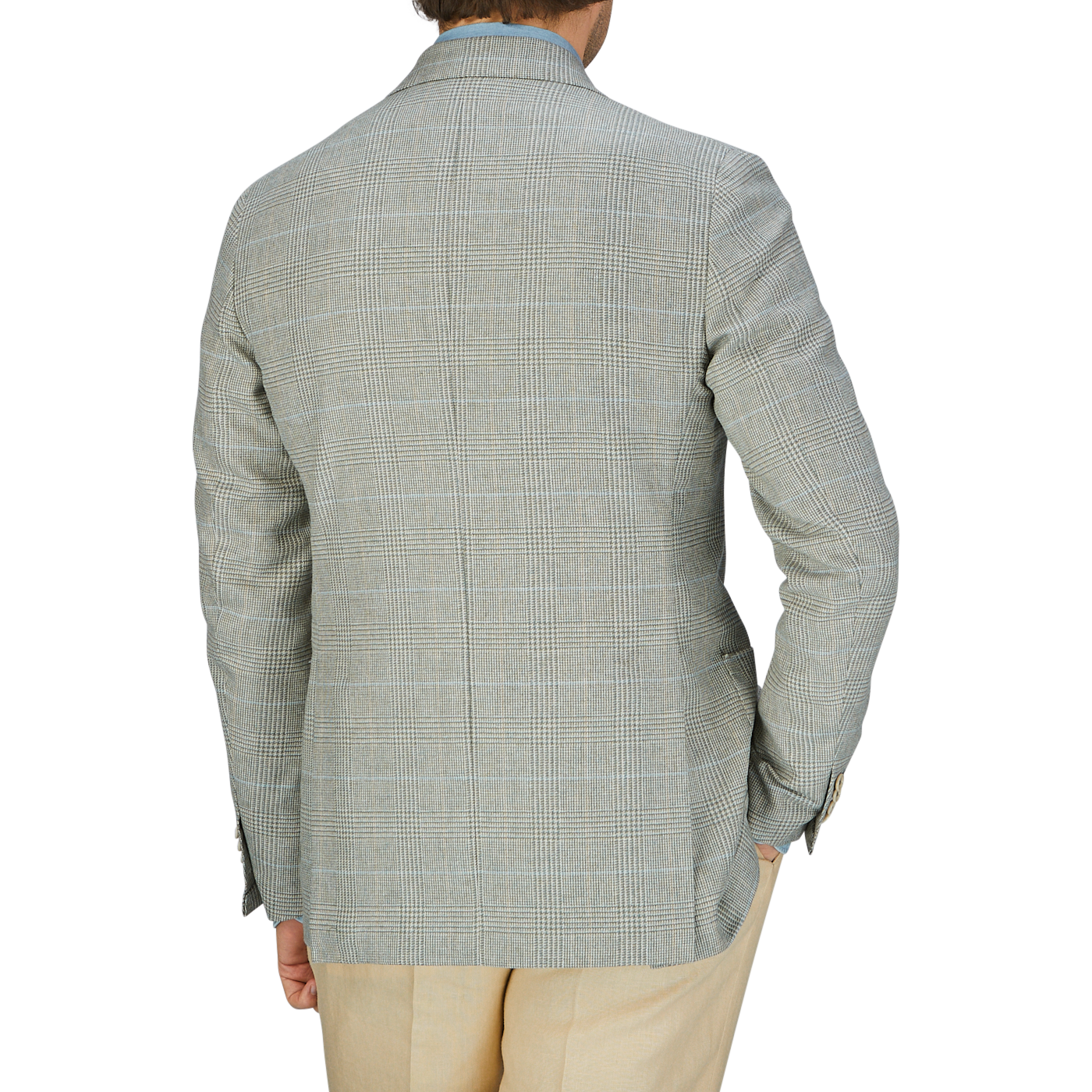 Man wearing a De Petrillo Green Checked Wool Cotton Cashmere Posillipo Blazer from the back.