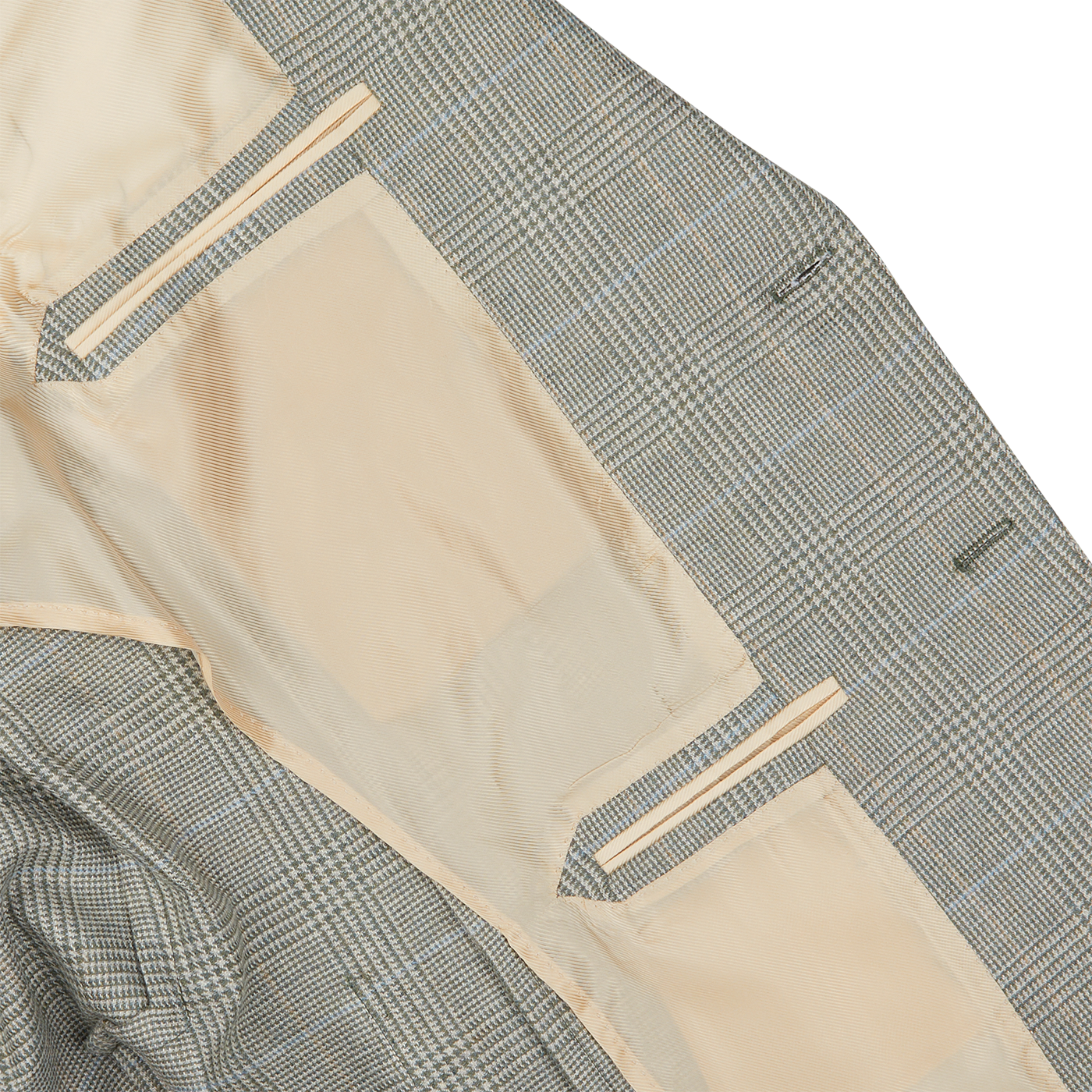 Close-up of a De Petrillo Green Checked Wool Cotton Cashmere Posillipo Blazer with its tailoring, lining, and inside pocket visible.