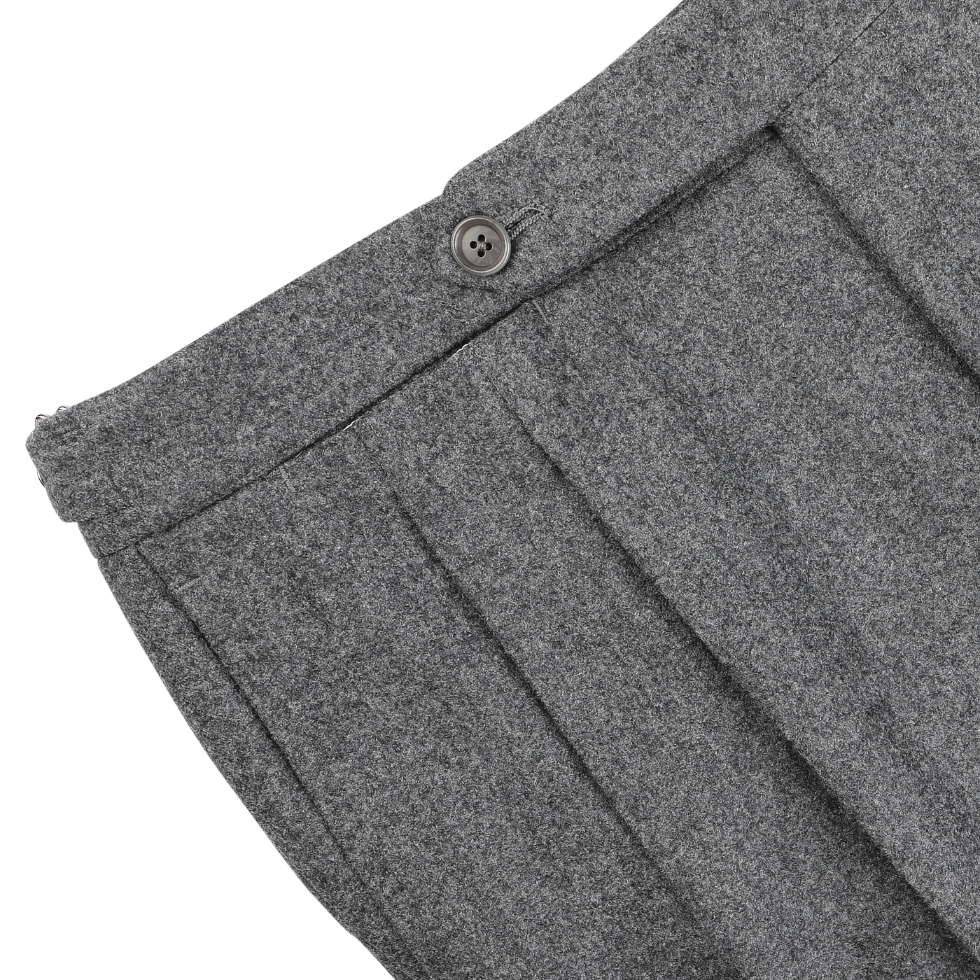 Close-up of De Petrillo's Medium Grey Wool Flannel Modello B Trousers in a slim fit, featuring a distinctive side button detail and crafted from luxurious Italian wool flannel.