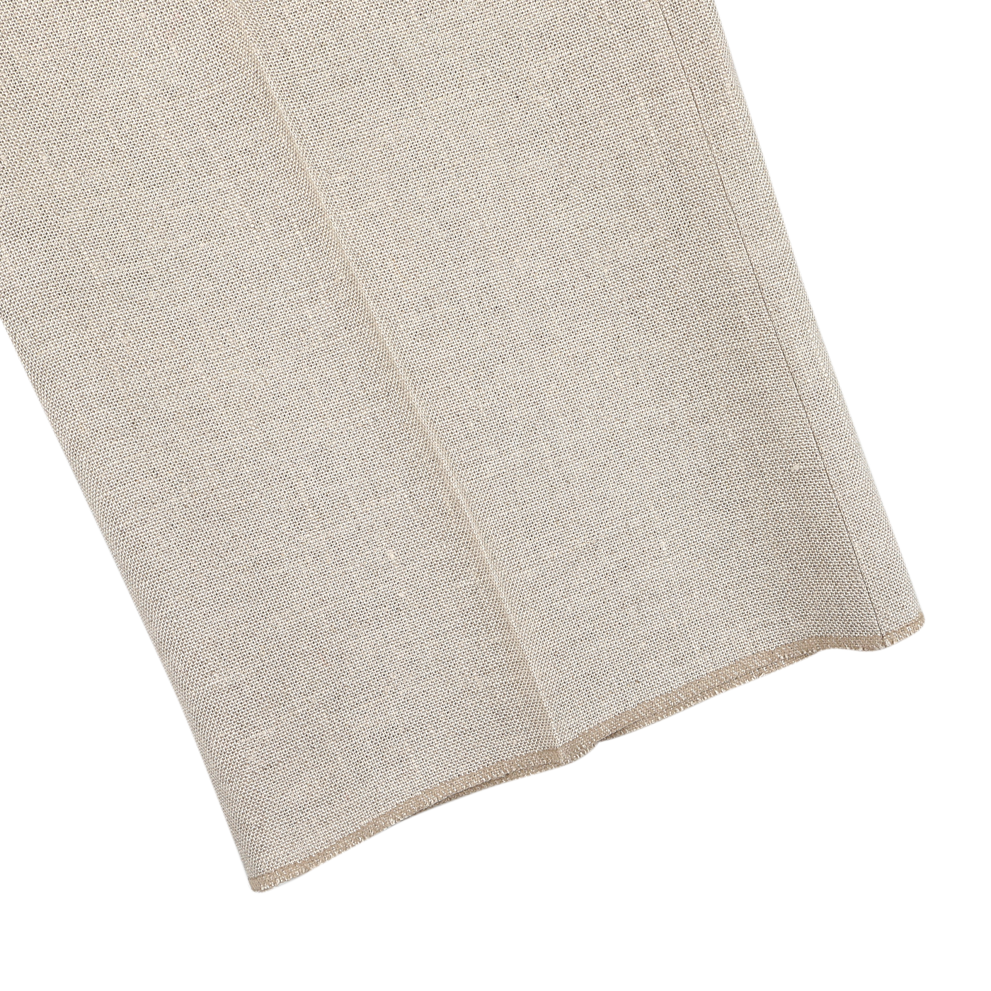 A close-up of Sand Beige Irish Linen Modello E Trousers by De Petrillo highlights the intricate texture and weave pattern, reminiscent of classic Irish linen.