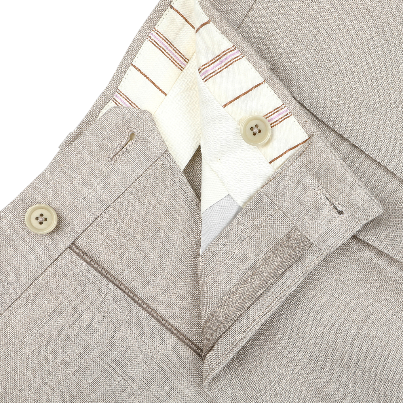 Close-up of De Petrillo's Sand Beige Irish Linen Modello E Trousers with a white and striped inner waistband, two-button closure, and visible buttonholes.