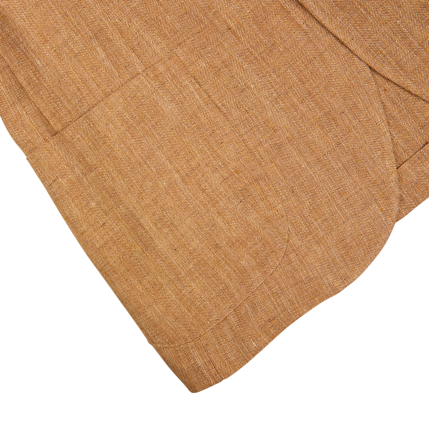 Close-up of a De Petrillo Tobacco Brown Herringbone Pure Linen Suit with folded edges on a white background.
