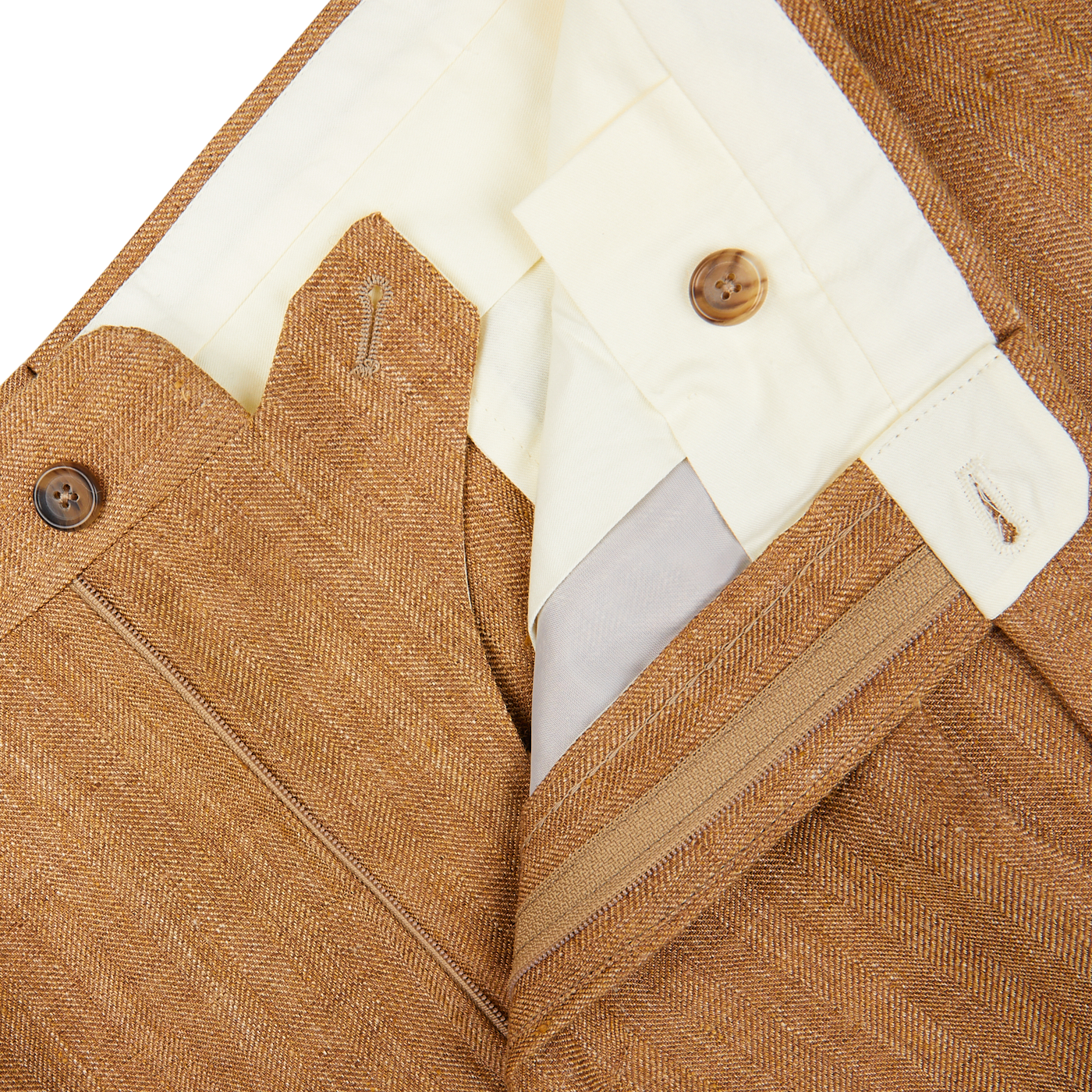 Close-up of a De Petrillo tobacco brown herringbone pure linen suit, a white shirt, and a gray tie.
