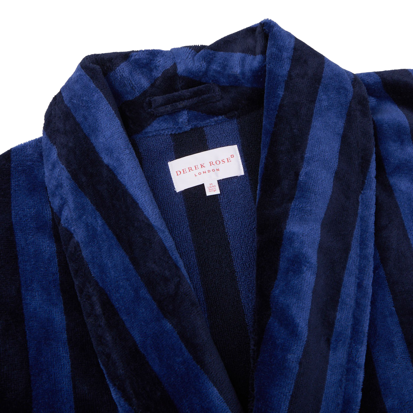 Derek Rose Blue Striped Cotton Velour Towelling Gown Collar