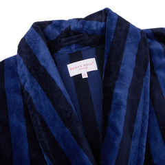 Derek Rose Blue Striped Cotton Velour Towelling Gown Collar