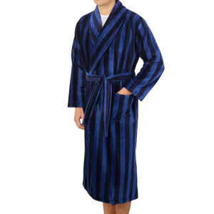 Derek Rose Blue Striped Cotton Velour Towelling Gown Front