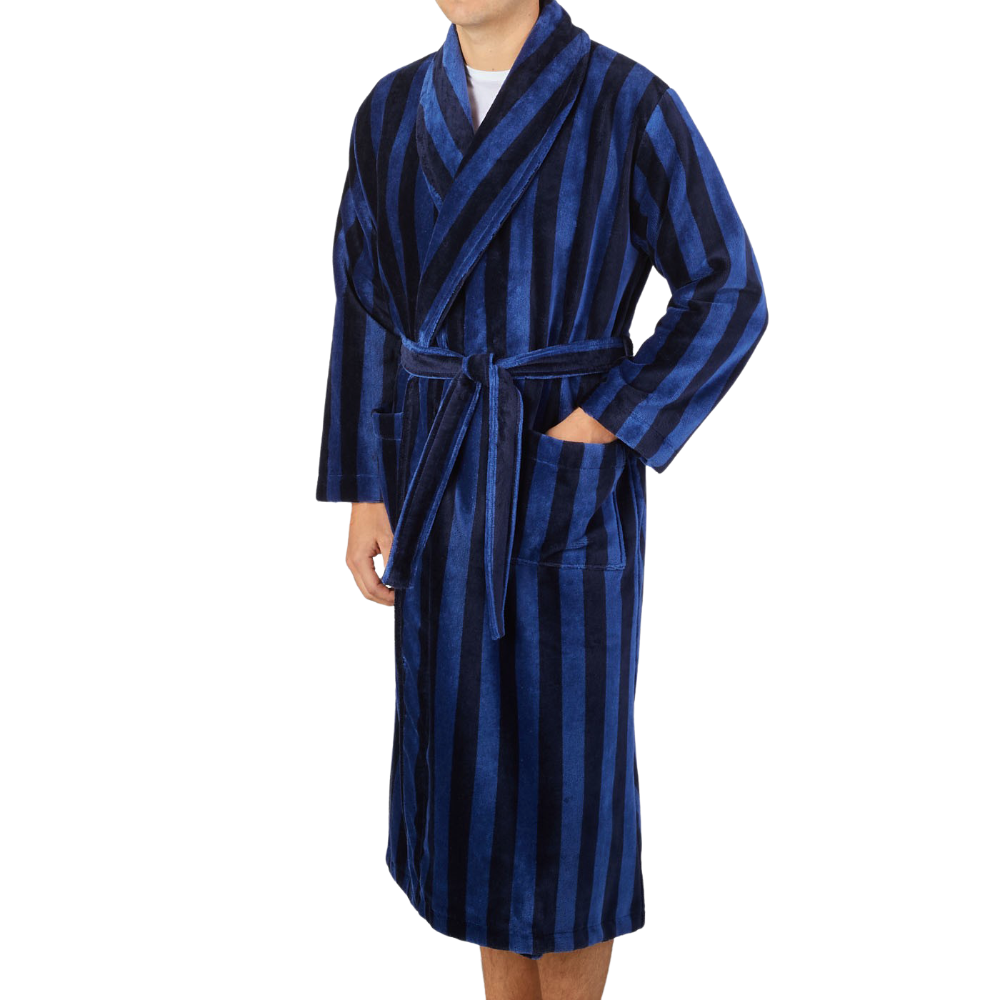 Derek Rose Blue Striped Cotton Velour Towelling Gown Front