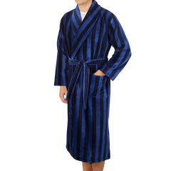 Derek Rose Blue Striped Cotton Velour Towelling Gown Front