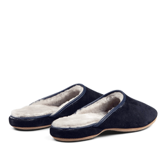 A pair of Navy Blue Suede Sheepskin Open Slippers by Derek Rose with handmade white fur lining.