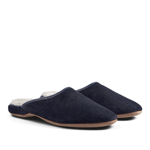A pair of Derek Rose Navy Blue Suede Sheepskin Open Slippers with white lining.