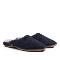 A pair of Derek Rose Navy Blue Suede Sheepskin Open Slippers with white lining.