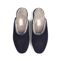 A pair of Derek Rose navy blue suede sheepskin open slippers.