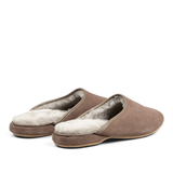 A pair of Taupe Beige Suede Sheepskin Open Slippers by Derek Rose with fluffy white sheepskin lining.