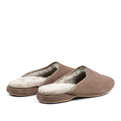 A pair of Taupe Beige Suede Sheepskin Open Slippers by Derek Rose with fluffy white sheepskin lining.