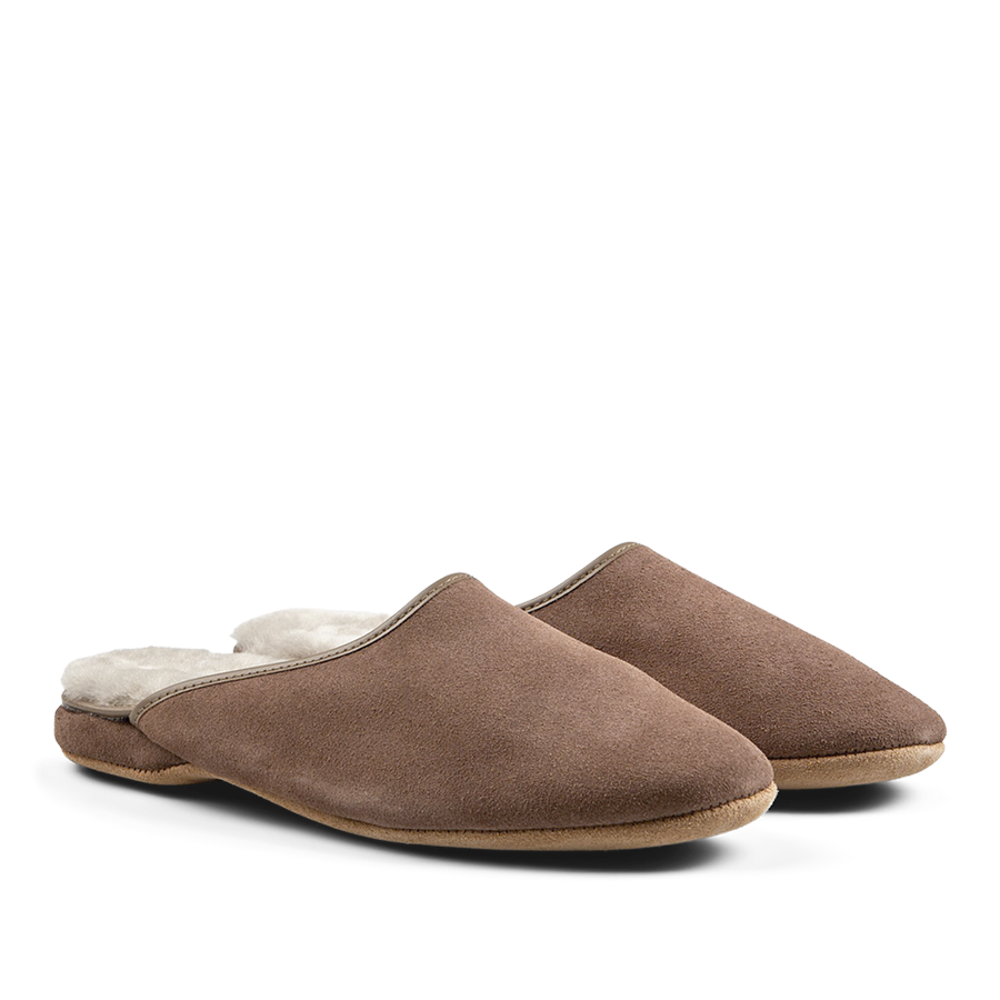 Pair of Derek Rose Taupe Beige Suede Sheepskin Open Slippers with white fluffy lining.