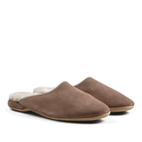 Pair of Derek Rose Taupe Beige Suede Sheepskin Open Slippers with white fluffy lining.