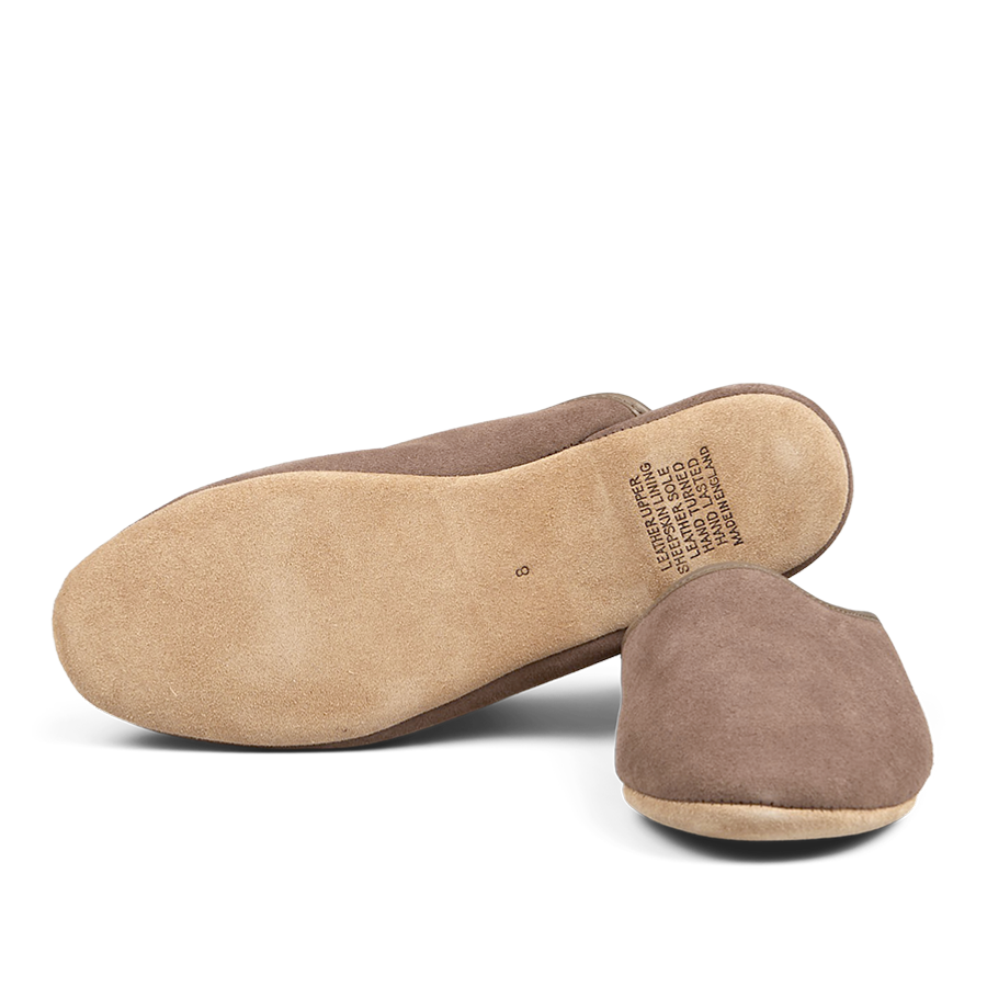 A pair of Derek Rose Taupe Beige Suede Sheepskin Open Slippers on a surface.