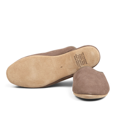 A pair of Derek Rose Taupe Beige Suede Sheepskin Open Slippers on a surface.