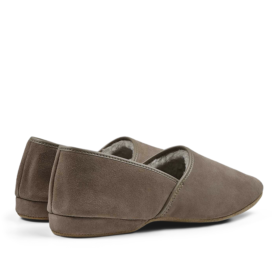 A pair of Derek Rose taupe suede sheepskin closed-back slippers with soft lining.
