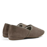 A pair of Derek Rose taupe suede sheepskin closed-back slippers with soft lining.