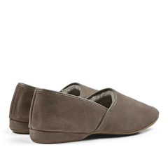 A pair of Derek Rose taupe suede sheepskin closed-back slippers with soft lining.