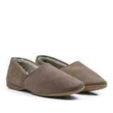 A pair of Derek Rose Taupe Suede Sheepskin Closed-Back Slippers with a fluffy sheepskin lining.