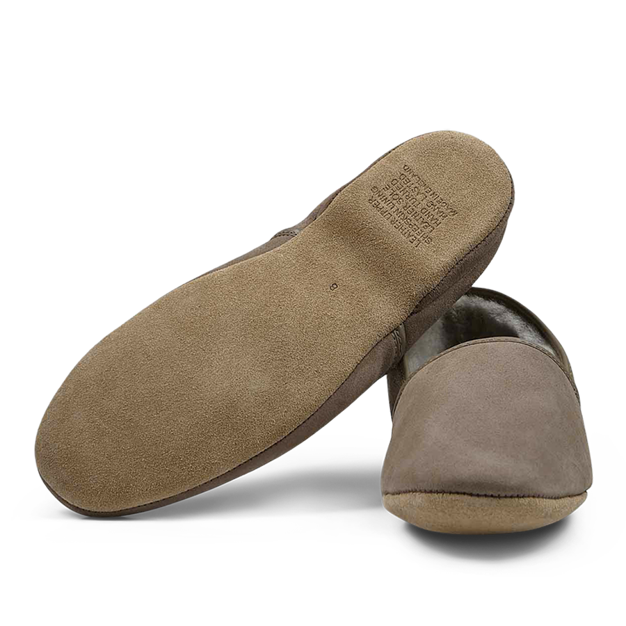 Sentence revised: A pair of Derek Rose Taupe Suede Sheepskin Closed-Back Slippers displayed with one overturned to show the sole.