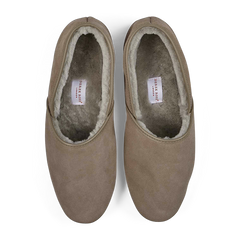 Pair of taupe suede Derek Rose sheepskin closed-back slippers.