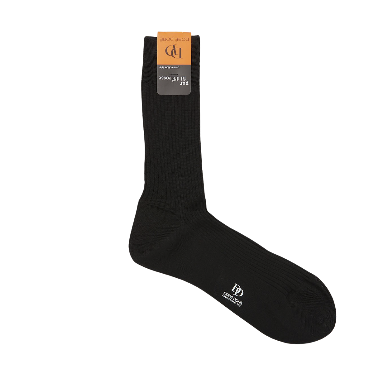 A single Black Cotton Fil d'Ècosse Ribbed Sock from Doré Doré, with the brand logo on the side, displayed against a white background with a product tag attached to the cuff.