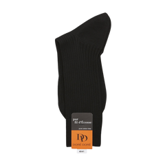 A pair of folded Black Cotton Fil d'Ècosse Ribbed Socks made from mercerised cotton with a label on a white background by Doré Doré.