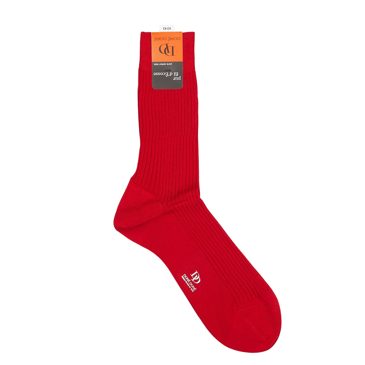 A pair of Groseille Red Cotton Fil d'Ècosse Ribbed Socks by Doré Doré, with a logo near the top, crafted from mercerised cotton lisle, displayed against a plain white background.