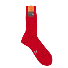 A pair of Groseille Red Cotton Fil d'Ècosse Ribbed Socks by Doré Doré, with a logo near the top, crafted from mercerised cotton lisle, displayed against a plain white background.