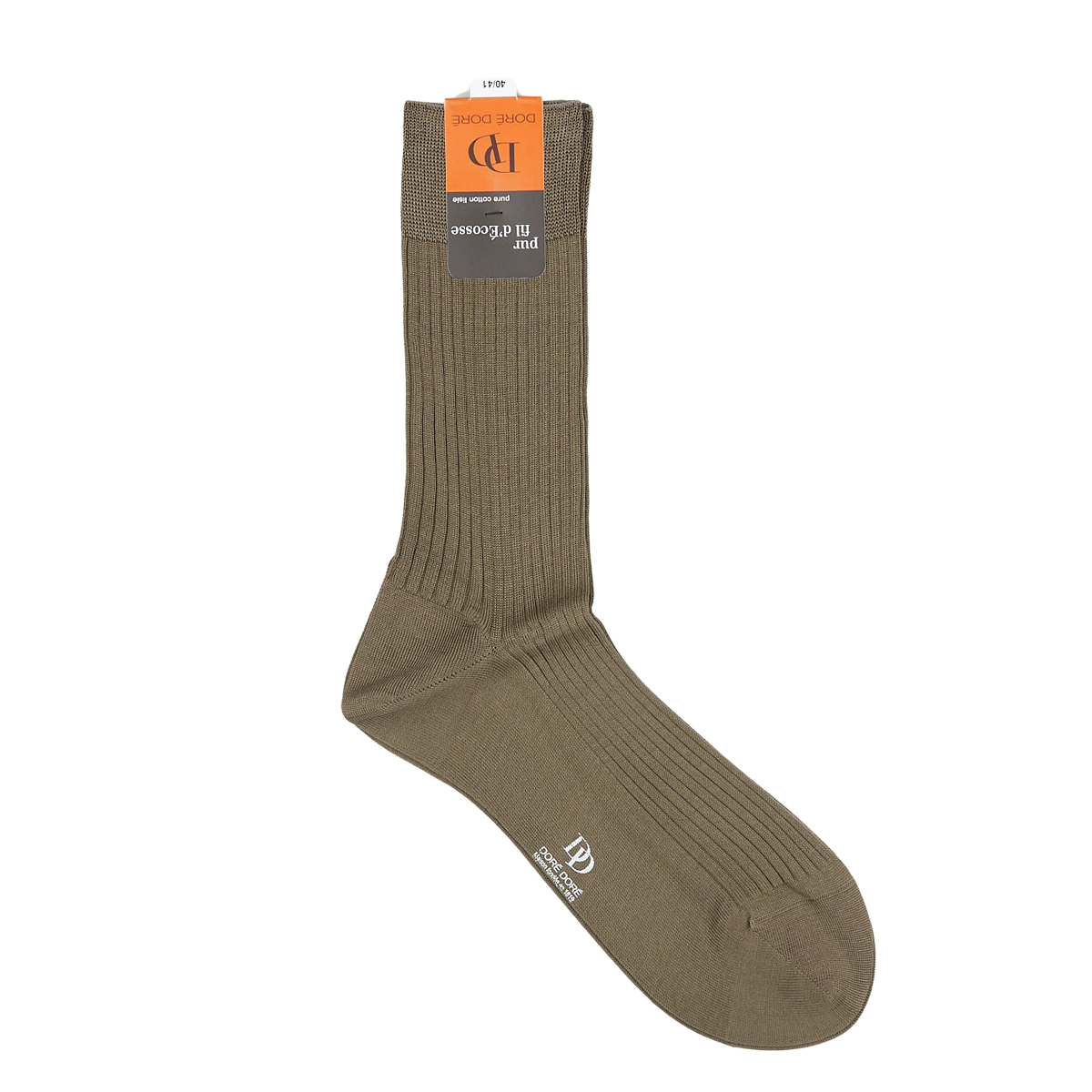 A single Terre Green Cotton Fil d'Ècosse Ribbed Sock with a ribbed design and an orange label, crafted from mercerised cotton lisle, displayed against a white background by Doré Doré.