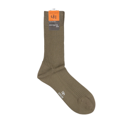 A single Terre Green Cotton Fil d'Ècosse Ribbed Sock with a ribbed design and an orange label, crafted from mercerised cotton lisle, displayed against a white background by Doré Doré.