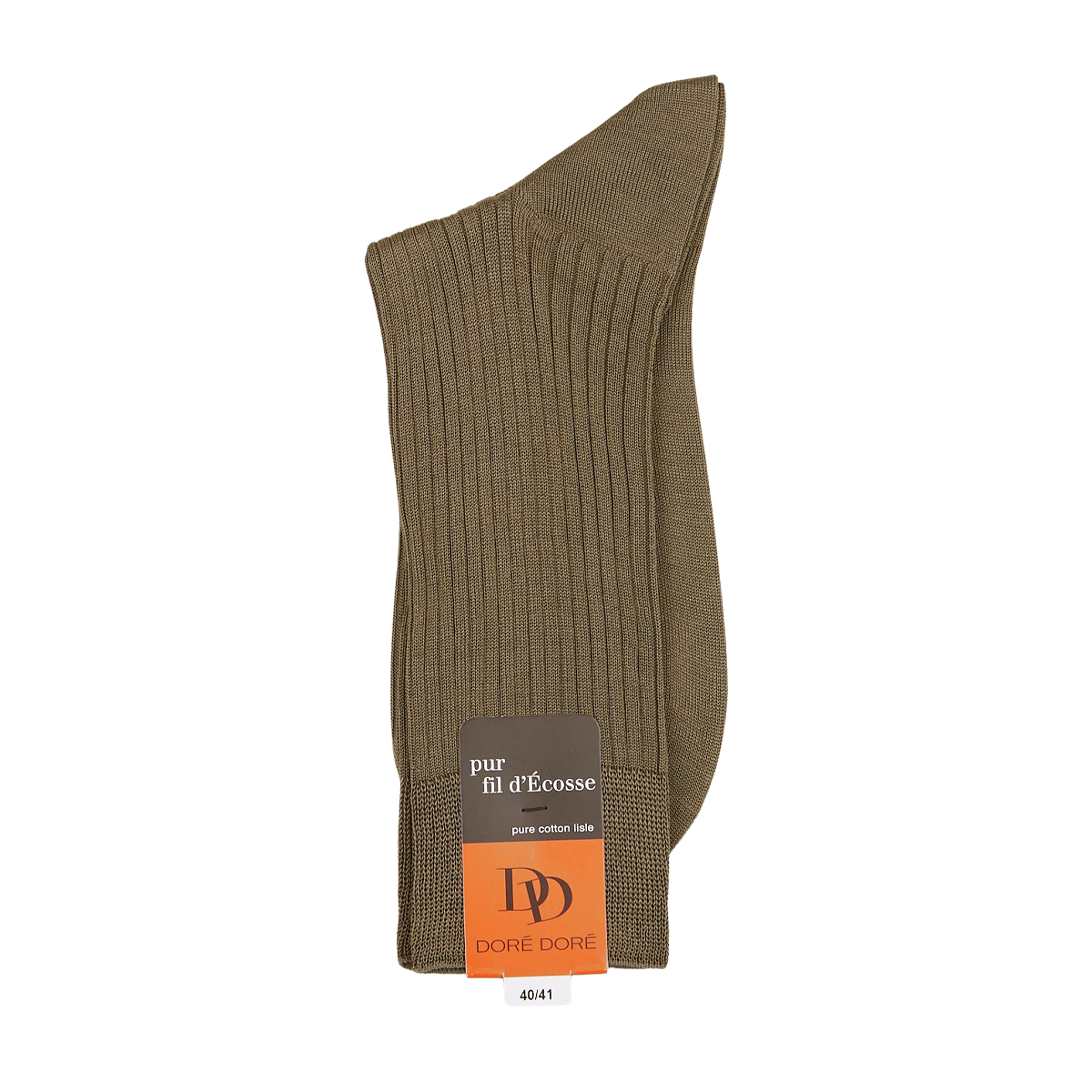 A single brown ribbed Terre Green Cotton Fil d'Ècosse sock from Doré Doré displayed upright with an orange label attached displaying text and size information.