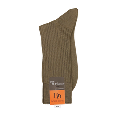 A single brown ribbed Terre Green Cotton Fil d'Ècosse sock from Doré Doré displayed upright with an orange label attached displaying text and size information.