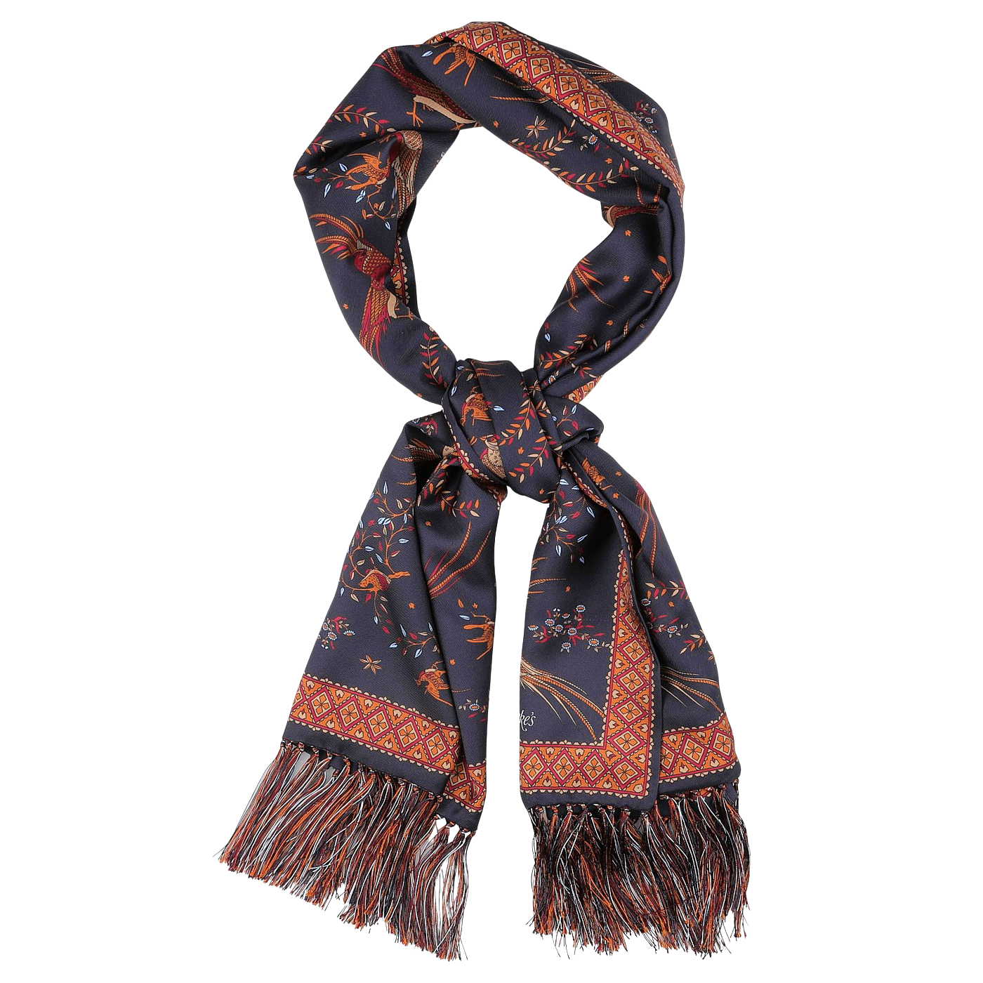 A navy silk scarf from Drake's, known as the "Navy Birds of Paradise Print Tubular Silk Scarf," displays intricate patterns in red and orange, complete with fringe at the ends.