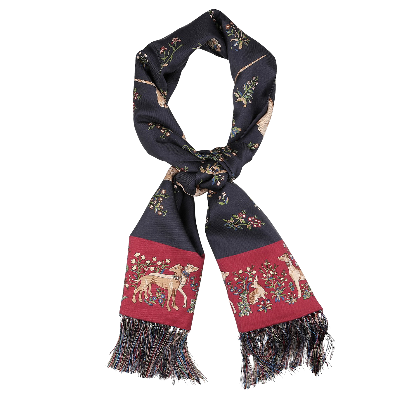 A navy silk scarf adorned with a classic unicorn print, designed by Drake's, features elaborate patterns and tubular edges.