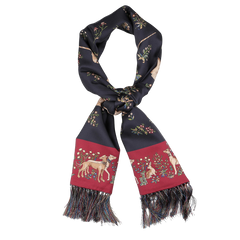 A navy silk scarf adorned with a classic unicorn print, designed by Drake's, features elaborate patterns and tubular edges.