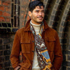 Drake's Brown Wool Silk Unicorn Print Scarf Model